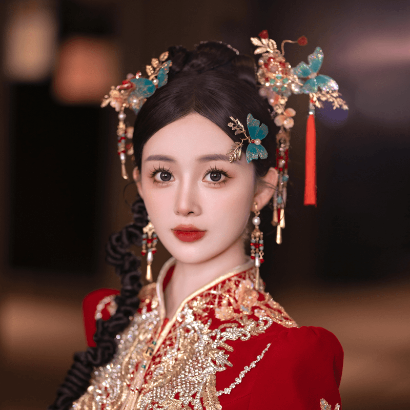 合金婚庆饰品 D0215新娘头饰新中式古装蓝色蝴蝶古典秀禾服发饰品