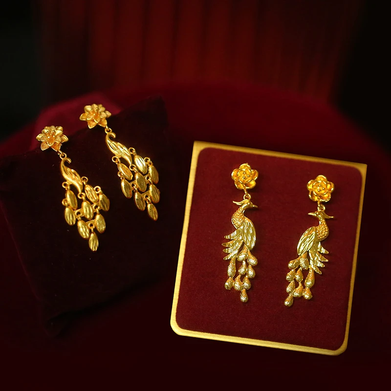 合金婚庆饰品 中式新娘配饰金色耳环凤凰耳钉秀禾结婚饰品575-114