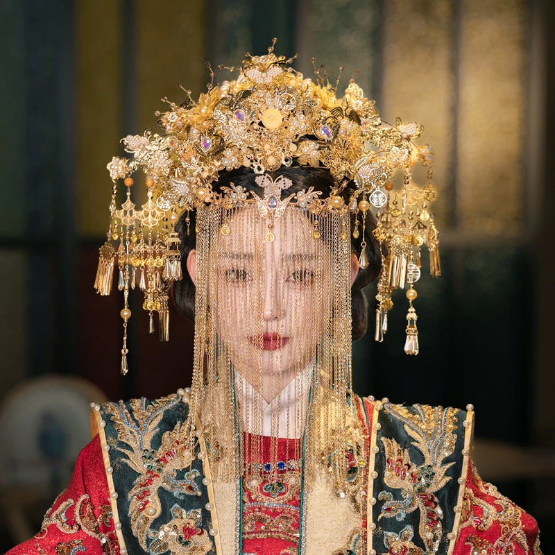 合金婚庆饰品  新娘头饰中式婚礼凤冠霞帔古装面帘奢华发饰品G069