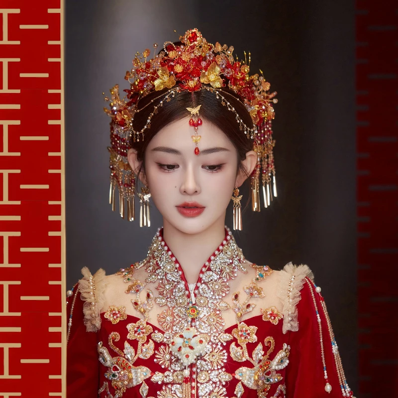 合金婚庆饰品 新娘头饰中式秀禾服秀禾金红色凤冠前后冠发饰G046