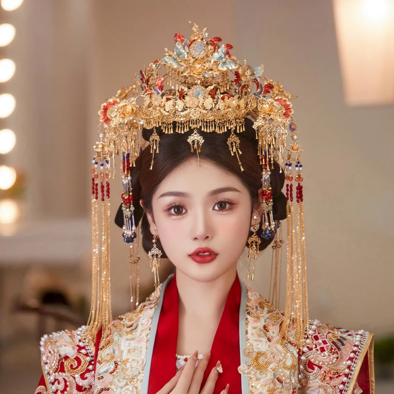 合金婚庆饰品 中式汉服大气流苏大凤冠金色头饰秀禾服发饰品82513