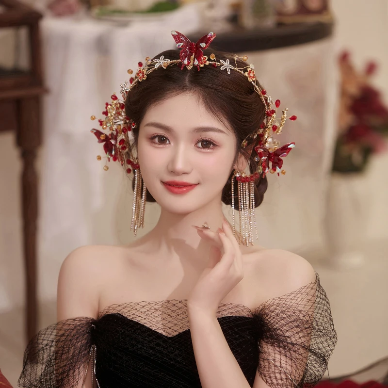 合金婚庆饰品 新娘头饰红色礼服敬酒蝴蝶发箍耳挂套装发饰品G426