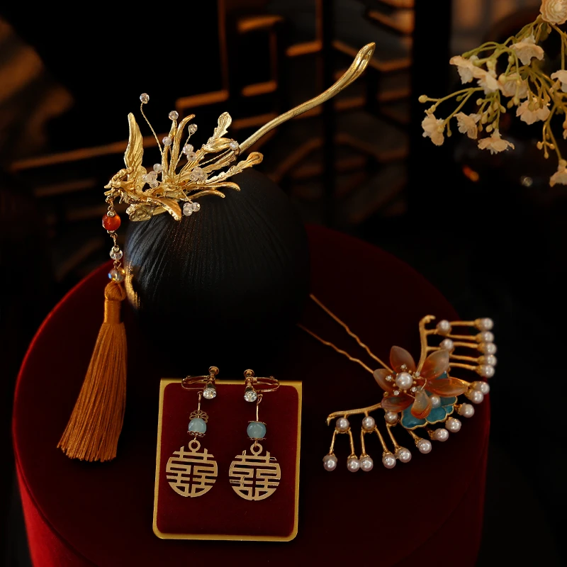 合金婚庆饰品 新娘头饰金色凤凰流苏双喜新中式秀禾发饰品MG2330