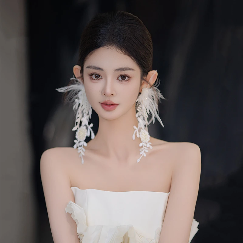 非金属羽毛耳饰 新娘羽毛白色蕾丝耳饰超仙唯美341883婚纱配饰