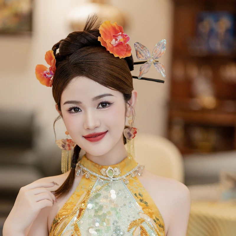 非金属布艺婚庆饰品 新娘头饰橘色新中式礼服蝴蝶兰晨袍发饰D0371