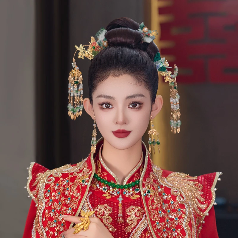 合金婚庆饰品 中式新娘头饰品龙凤褂金绿色简约古风流苏发簪MYQ46