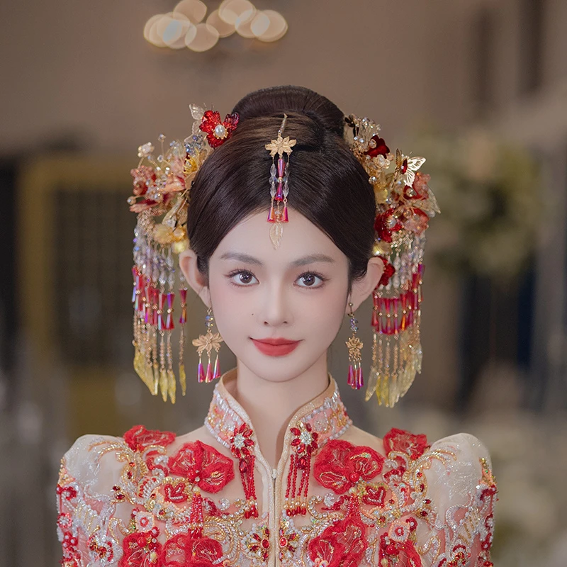 合金婚庆饰品 秀禾服新娘头饰中式金红色眉心坠古风发饰套装G0137