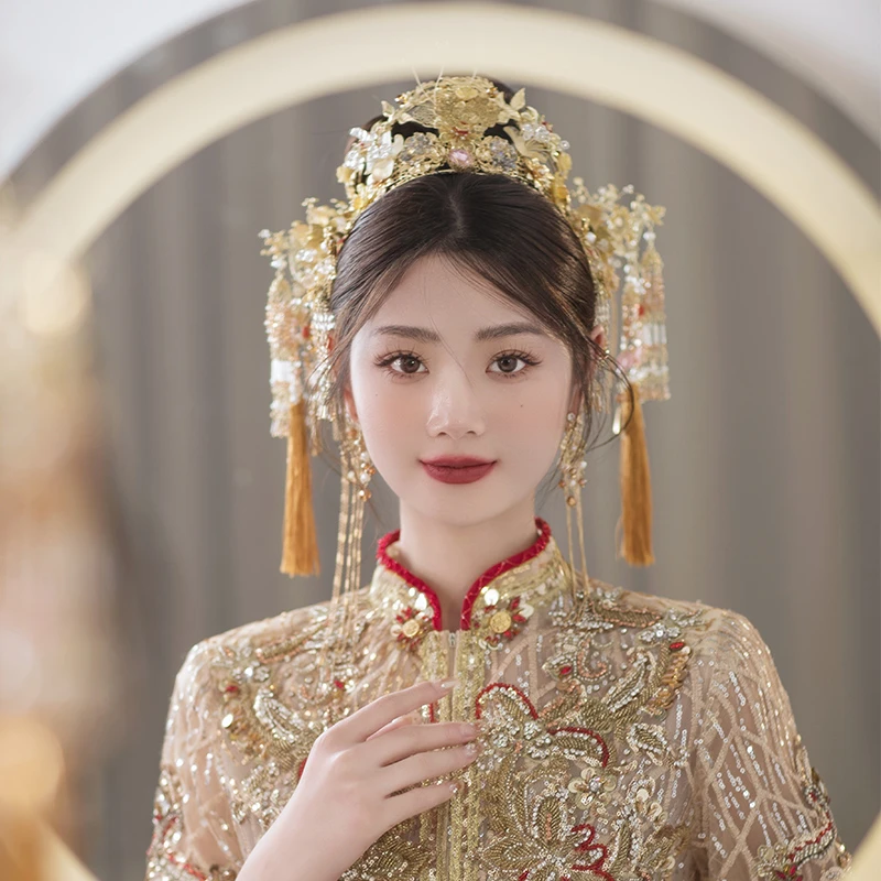 梦瑶 合金树脂婚庆饰品 新娘结婚中式金色秀禾流苏头饰