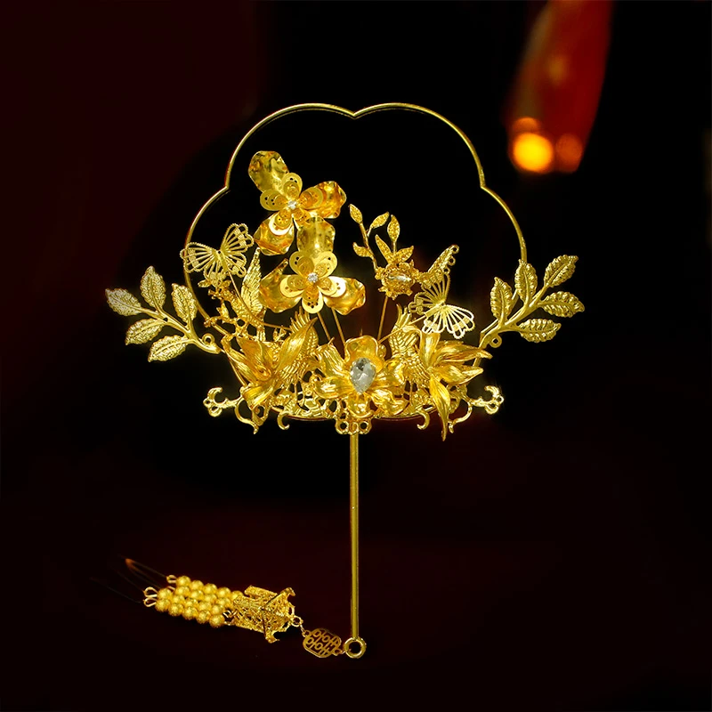 合金婚庆饰品 中式古风新娘金色团扇结婚配饰品扇子出阁喜扇MT027