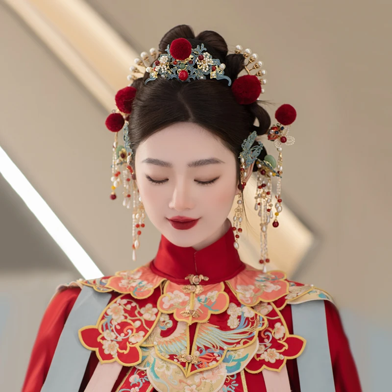 非金属亚克力婚庆饰品 新娘中式古风毛球景泰蓝秀禾发饰品D0266
