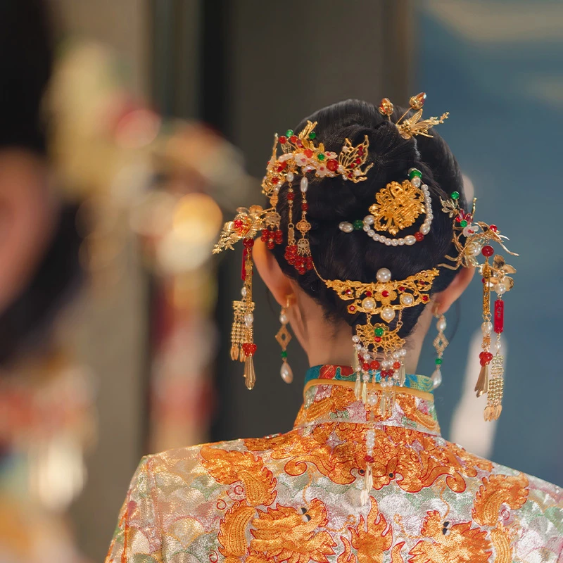铜合金亚克力婚庆饰品 中式复古传统古装新娘D0393龙凤褂发饰