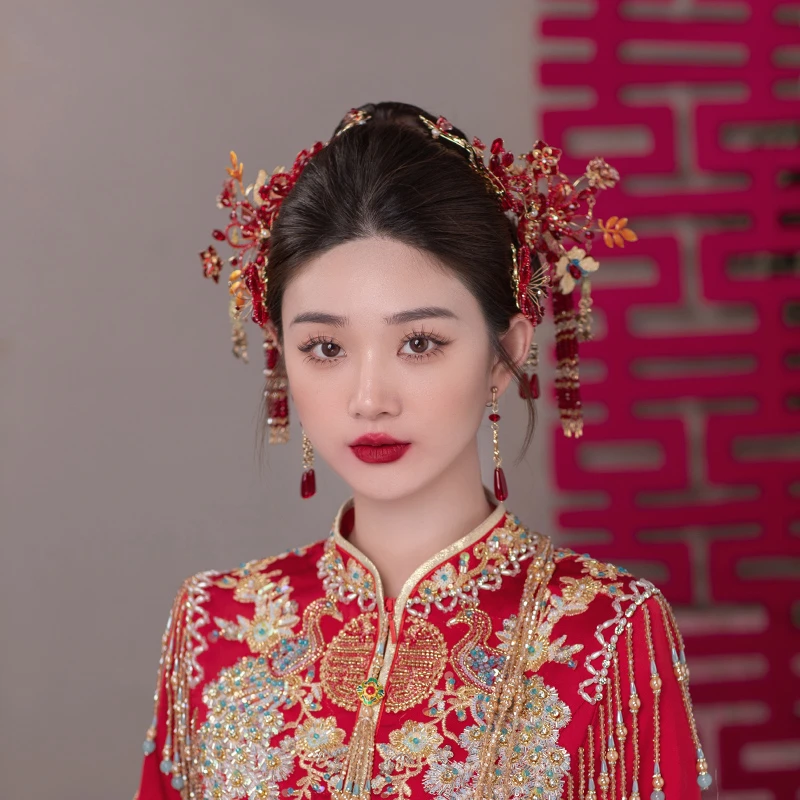 合金婚庆饰品 新娘头饰红色中式古风结婚蝴蝶古装秀禾服发饰G322