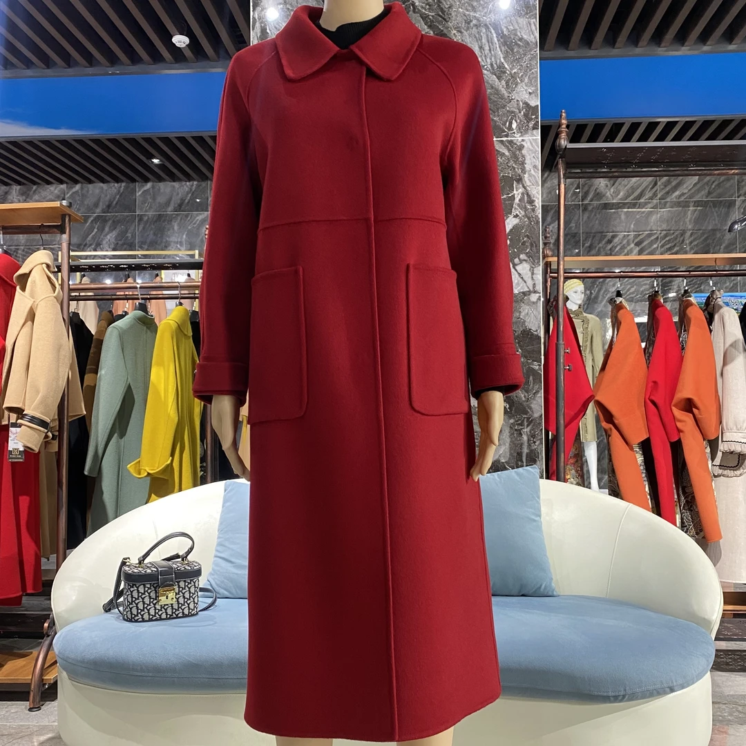 【100%羊毛】新款双面毛呢韩版修身中长款5025外套呢子红色