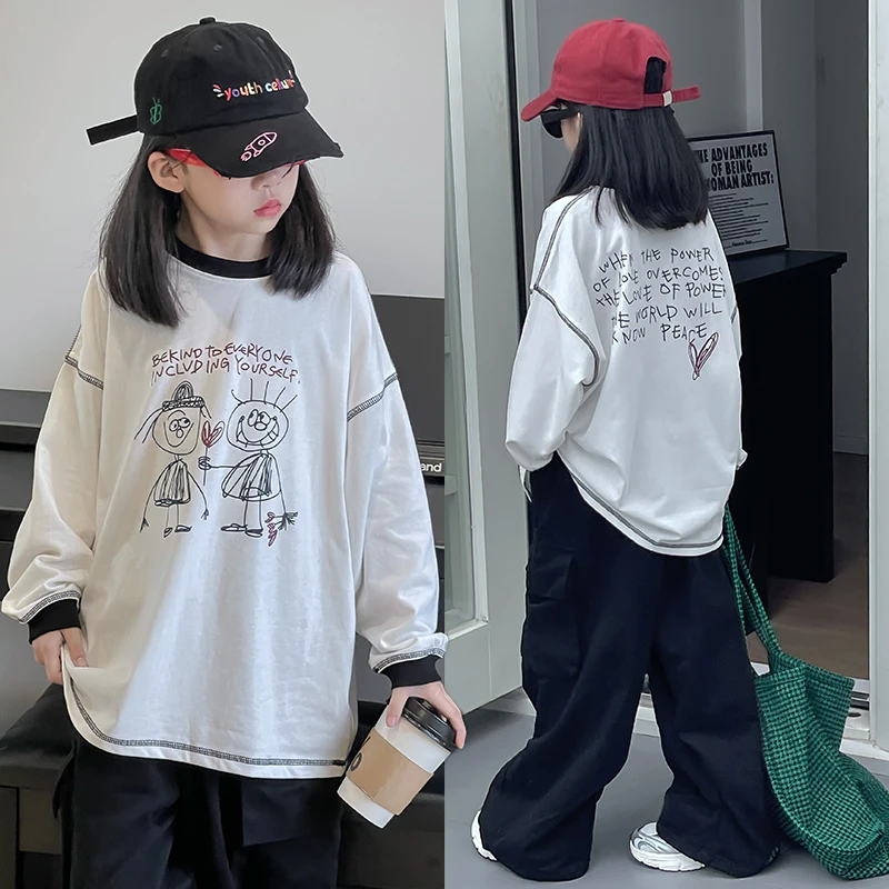 女童纯棉长袖t恤休闲宽松2024新款儿童长袖打底衫洋气上衣春秋潮