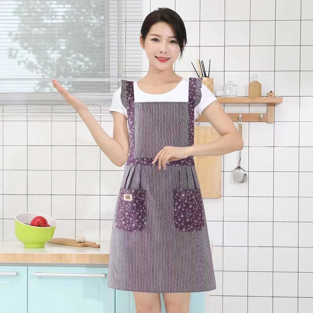 韩版时尚女士背带围裙厨房家用双口袋围裙美甲店透气帆布耐磨围腰