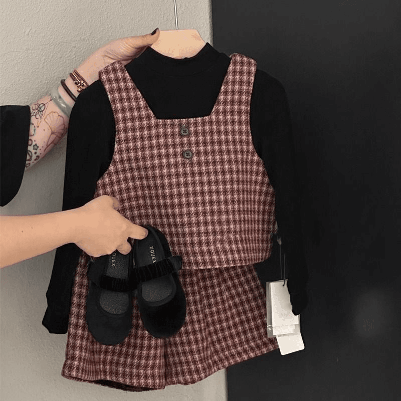2024新品女童复古格子套装2024秋季韩系小女孩气质小香风马甲休闲