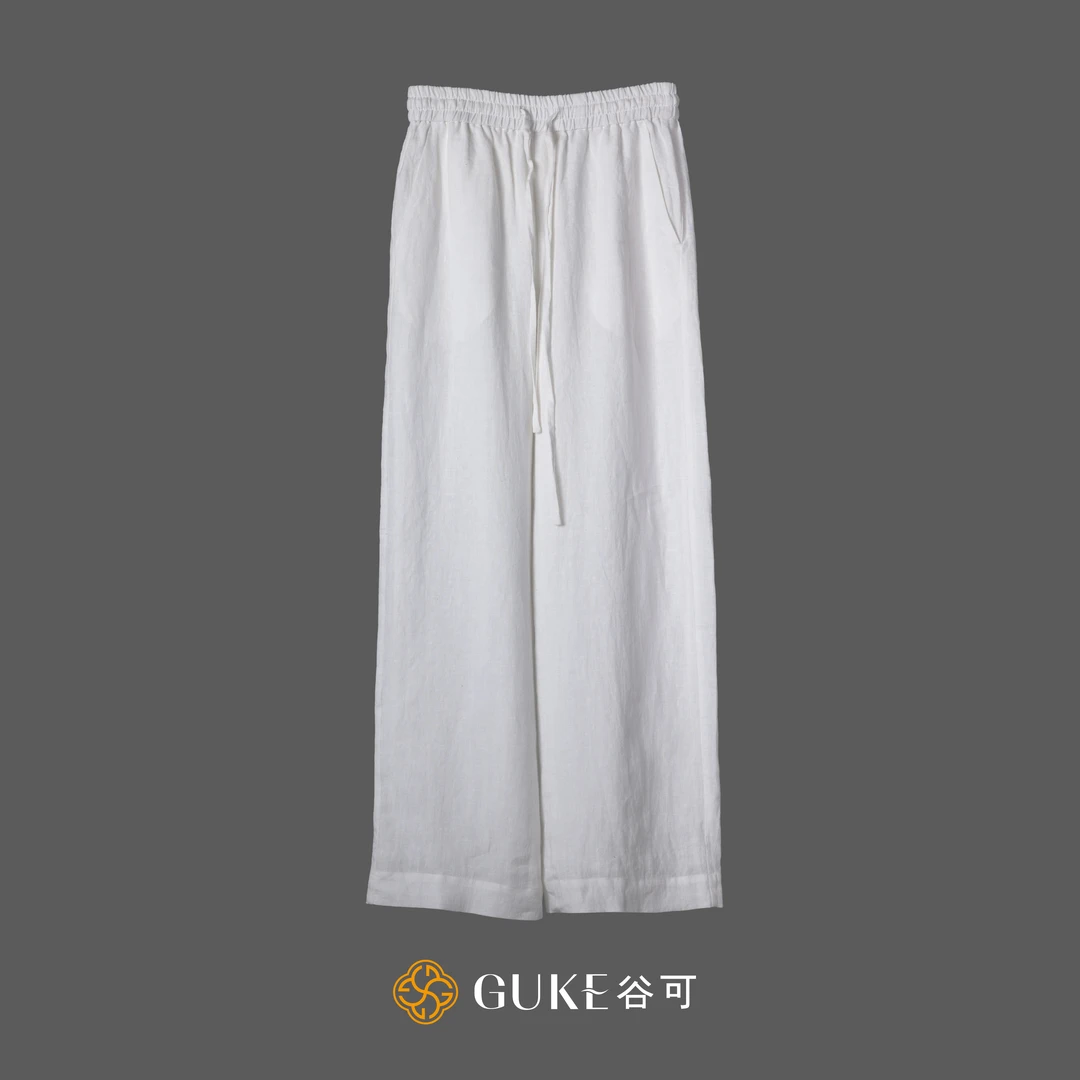 GKE/谷可K1127时尚亚麻直筒裤女2024春季新款白色休闲高腰阔腿裤