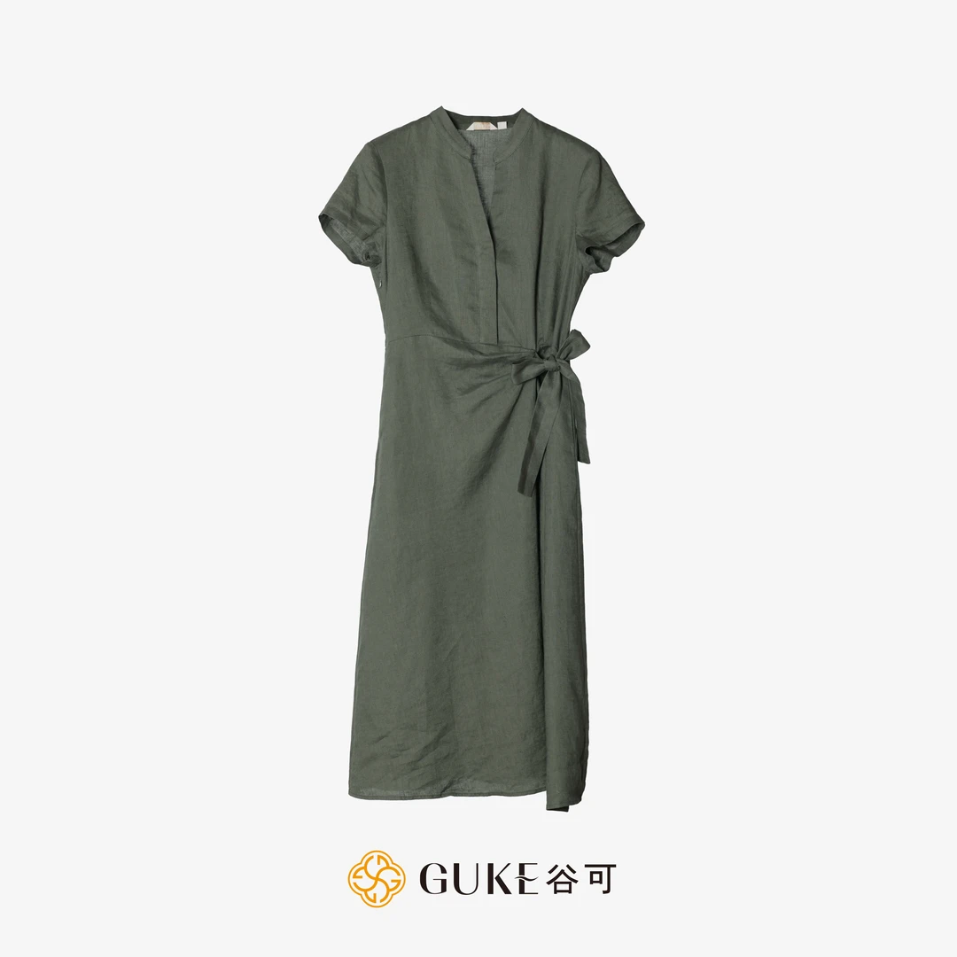 GKE/谷可LQ5390时尚亚麻女装连衣裙夏季新品V领收腰显瘦气质长裙