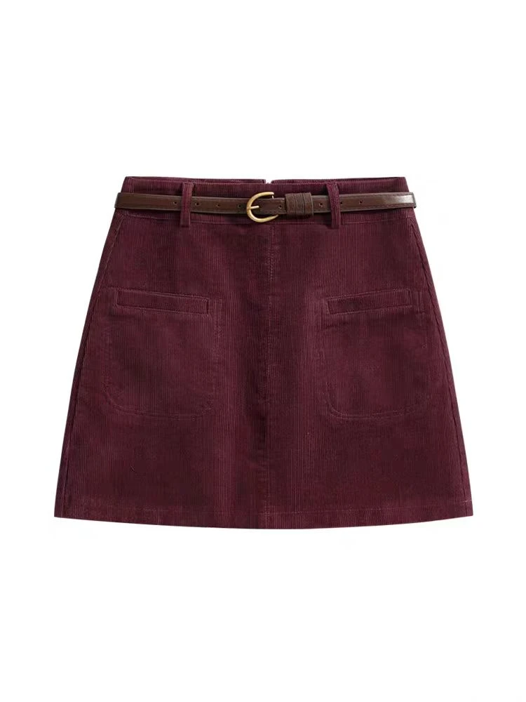 灯芯绒半身裙女秋冬小个子高腰显瘦a字裙复古包臀短裙（送腰带）