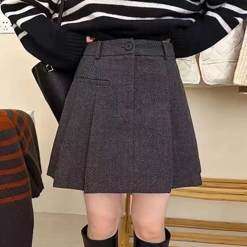 加厚灰色毛呢百褶裙女秋冬半身裙大码高腰百搭显瘦A字防走光短裙