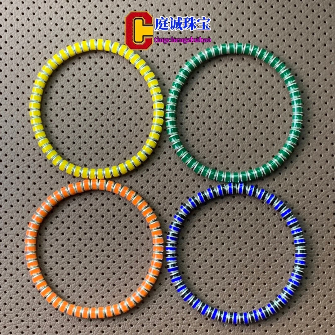 足银手链 5x3.15mm珐琅药片  52颗  约21.9克  (手围16cm）