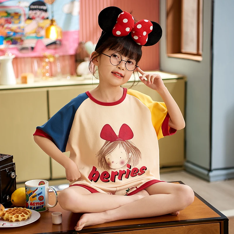 100%纯棉女童睡衣夏季圆领短袖女孩中大童卡通亲子家居服套装薄款