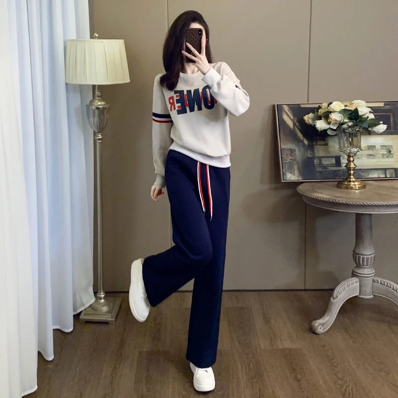 欧货炸街休闲运动套装女秋冬时尚宽松圆领卫衣阔腿裤显瘦两件套潮