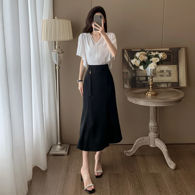 休闲运动套装裙夏季2024新款时尚气质轻奢飘带V领短袖T恤短裙洋气