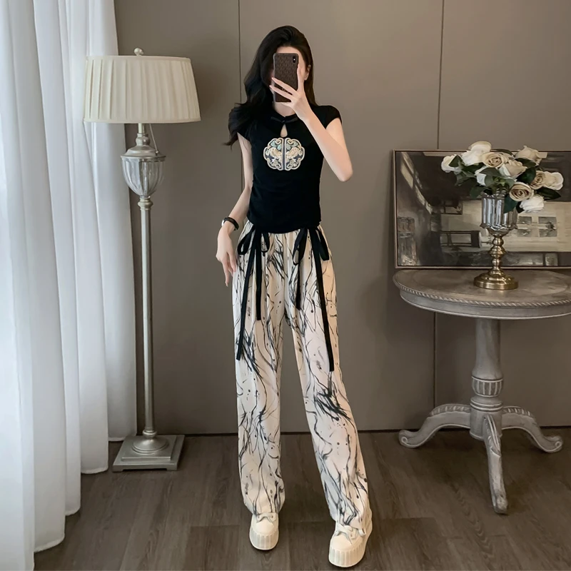新中式水墨国风时尚套装女2025夏季新款洋气短袖上衣阔腿裤扎染