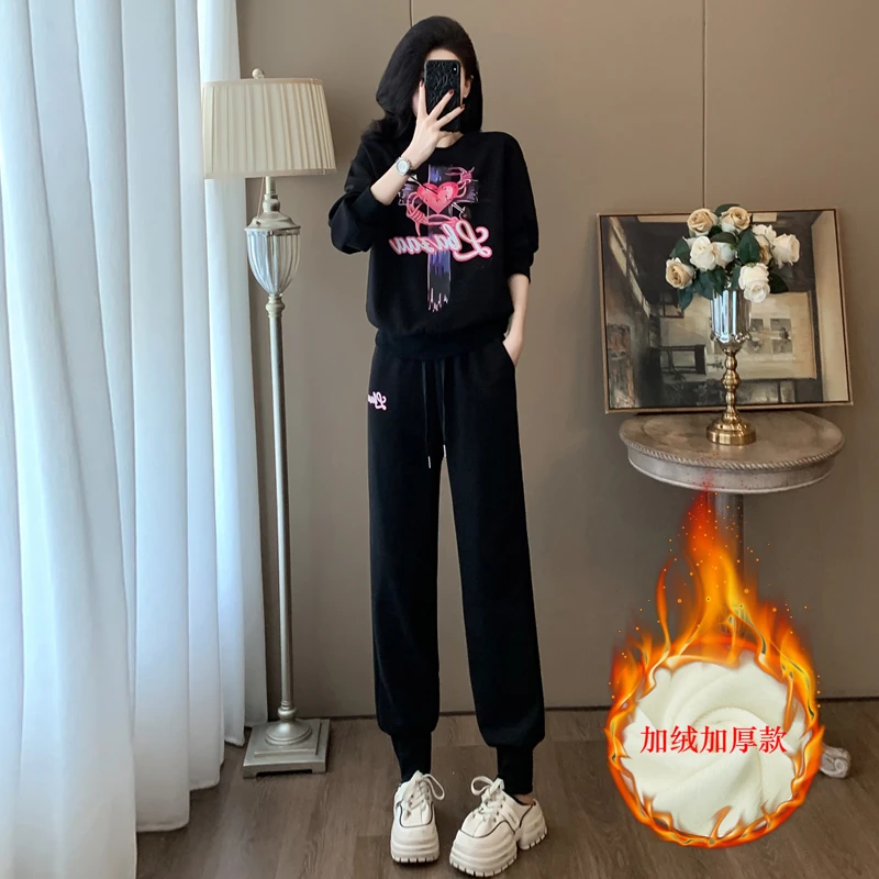 加绒加厚时尚套装女休闲显瘦减龄运动束脚两件套洋气印花圆领上衣