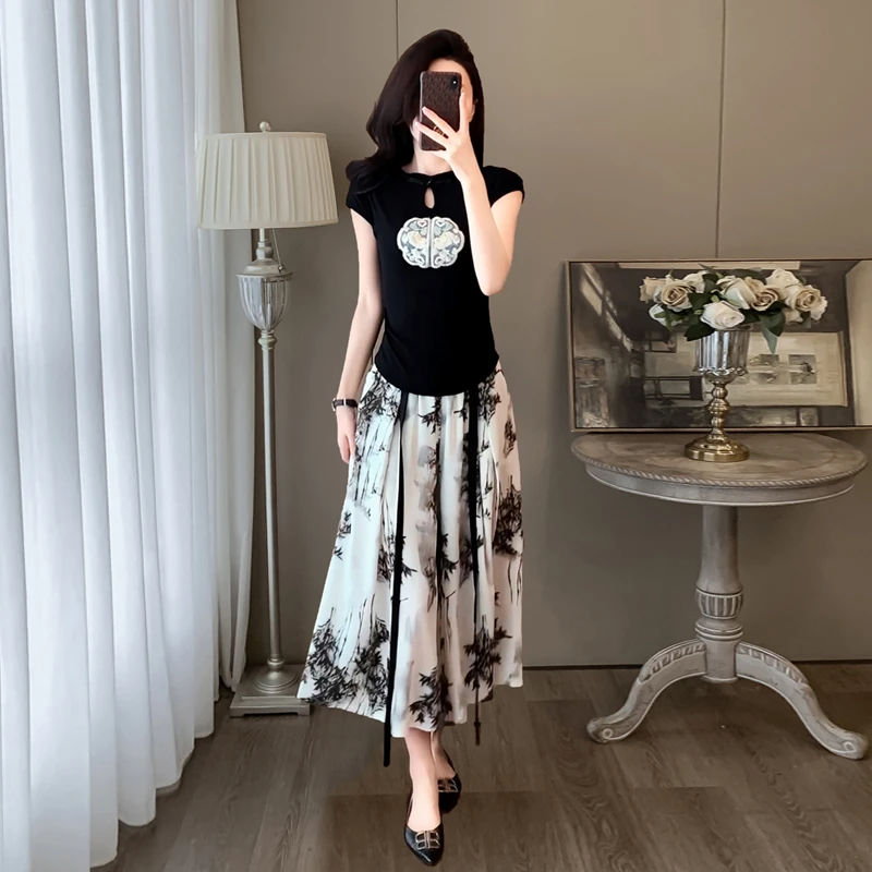新中式国风穿搭一整套女夏洋气盘扣短袖上衣水墨画阔腿裤裙两件套