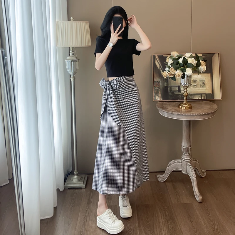 法式复古高腰格子系带半身裙女夏季2025新款遮肉显瘦格纹包臂长裙