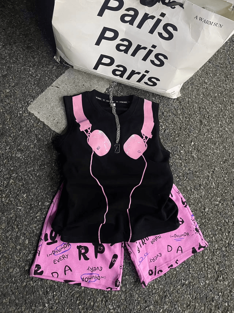 吾2024 【Y】5月28日 男童女童潮酷粉色耳机无袖套装2044-