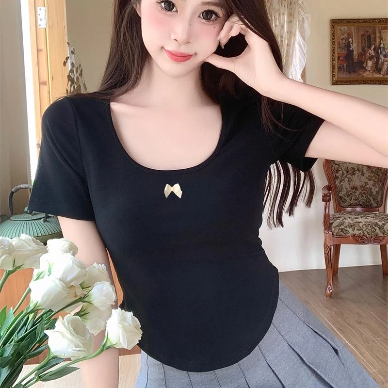 大码女装收腰正肩打底短袖t恤夏季微胖mm显瘦遮肉多巴胺上衣