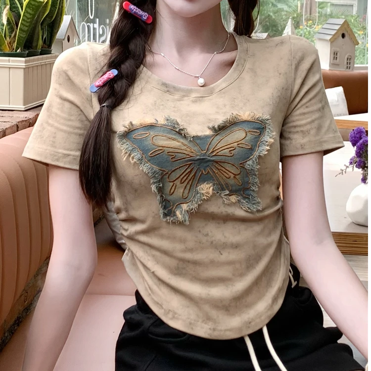 胖妹妹扎染T恤2024夏装圆领收腰短袖设计感蝴蝶上衣文艺宽松T恤