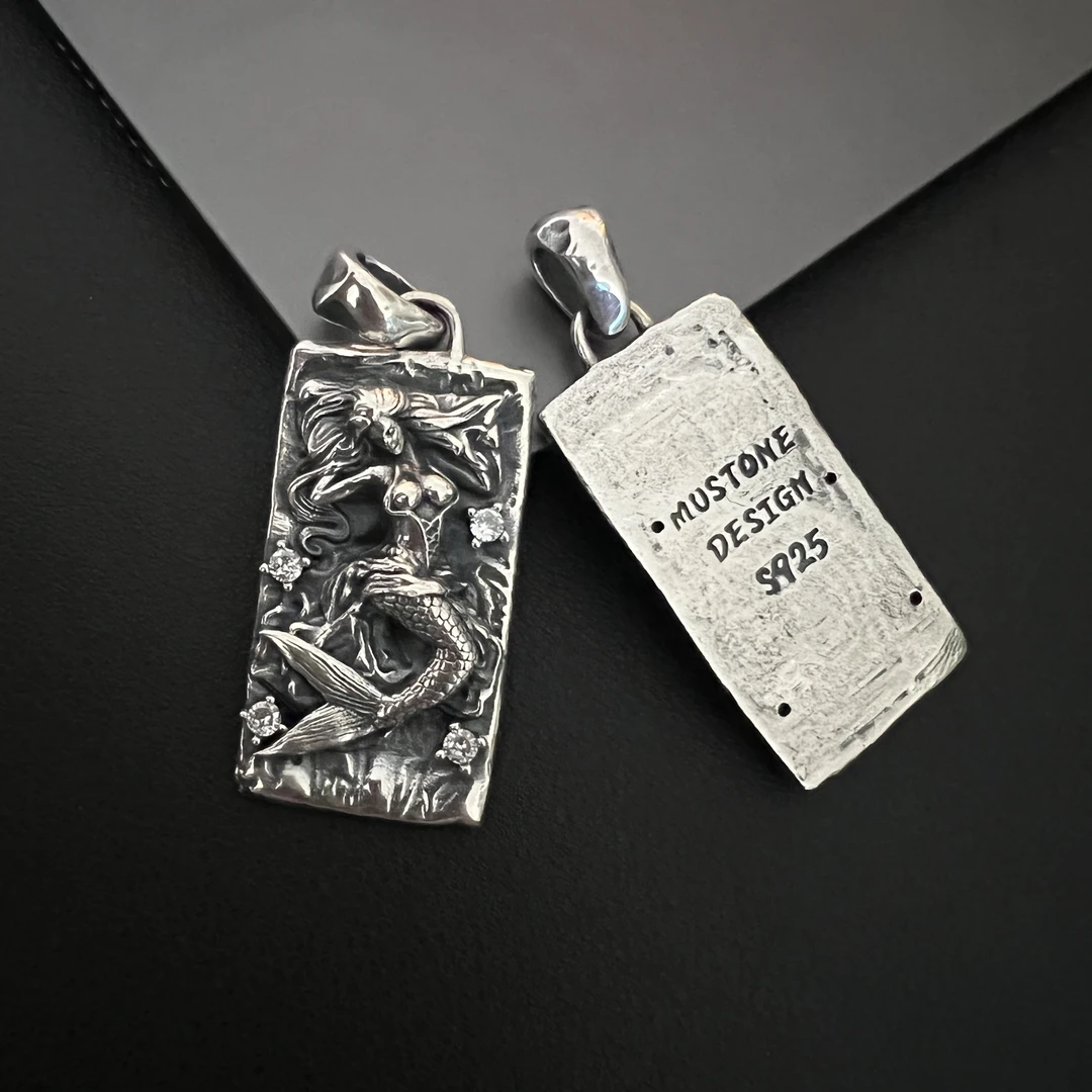 吊坠925银 美人鱼大方牌吊 手工时尚百搭小众做旧挂坠银制品潮流