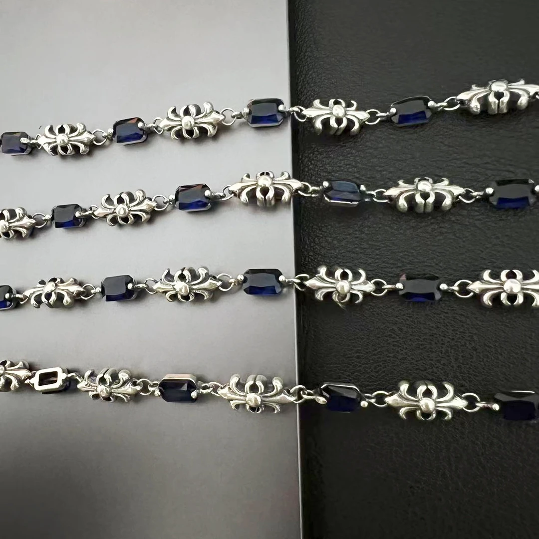 链子925银 S925纯银 复古泰银鸢尾龙虾扣拼接炫彩锆石项链