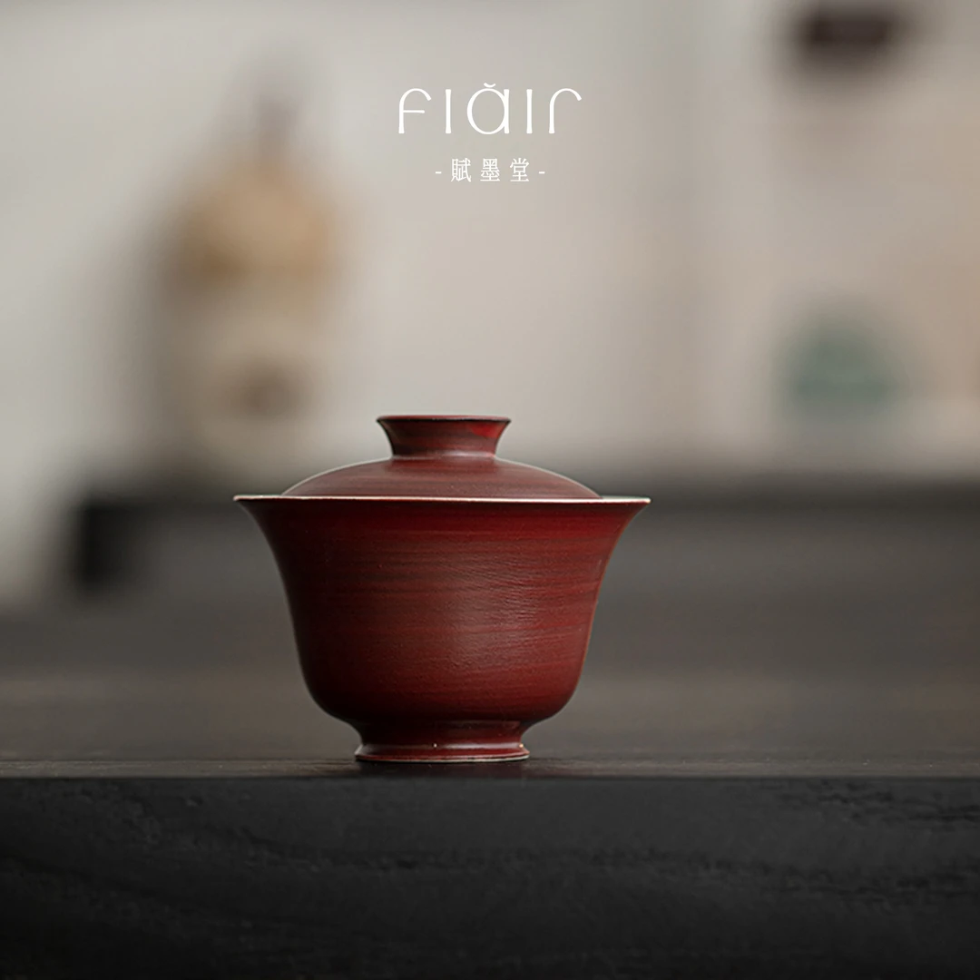 赋墨堂丨粉引山楂红盖碗侘寂风陶瓷三才盖碗粗陶泥薄胎防烫功夫茶