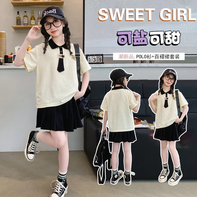 【咪家】亲子装夏款套装2024新款学院风韩版百褶裙印花女童大童翻领