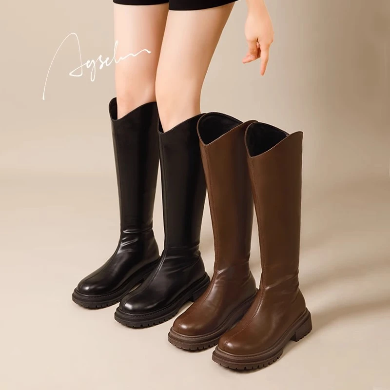 奥古狮登棕色长筒靴女2025新款秋冬设计感长靴复古美拉德风骑士靴