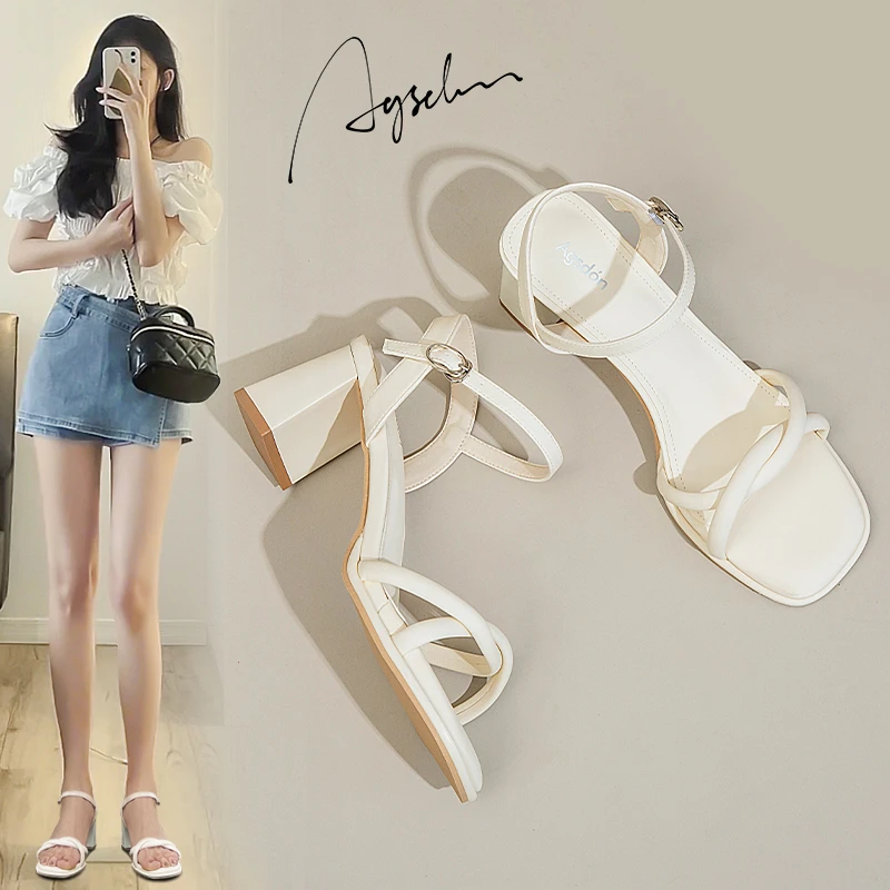 奥古狮登凉鞋女2024新款夏季百搭不累脚法式粗跟一字带小个子凉鞋
