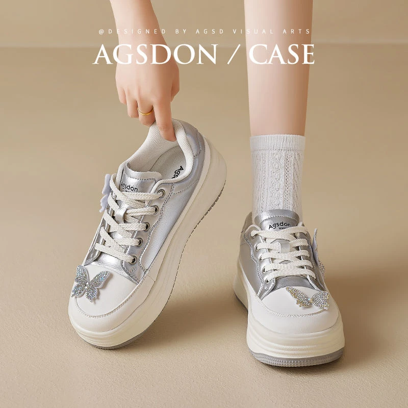 奥古狮登厚底板鞋女2024新款秋季蝴蝶银色小白鞋超火百搭休闲女鞋