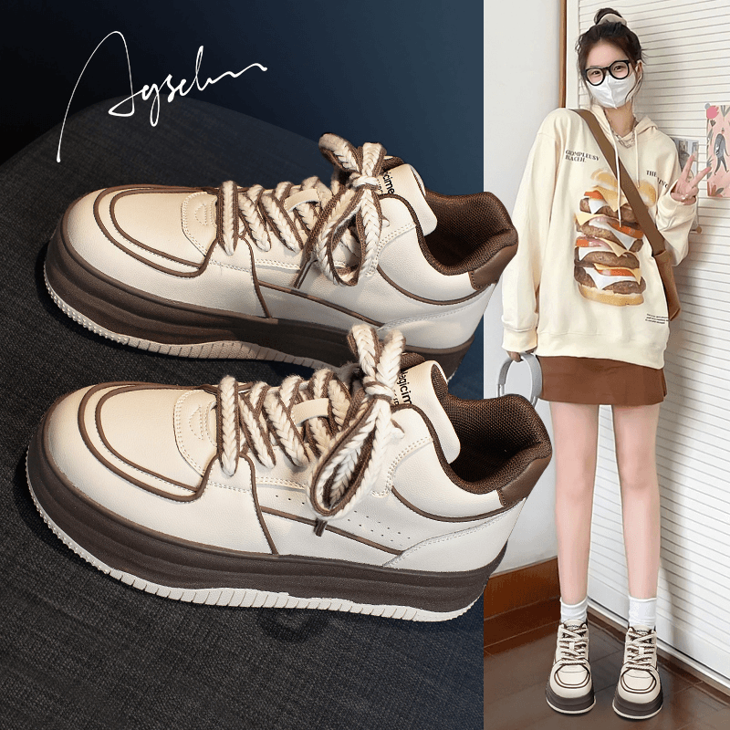 Agsdon/奥古狮登高帮小白鞋女秋季厚底真皮百搭女鞋运动休闲板鞋