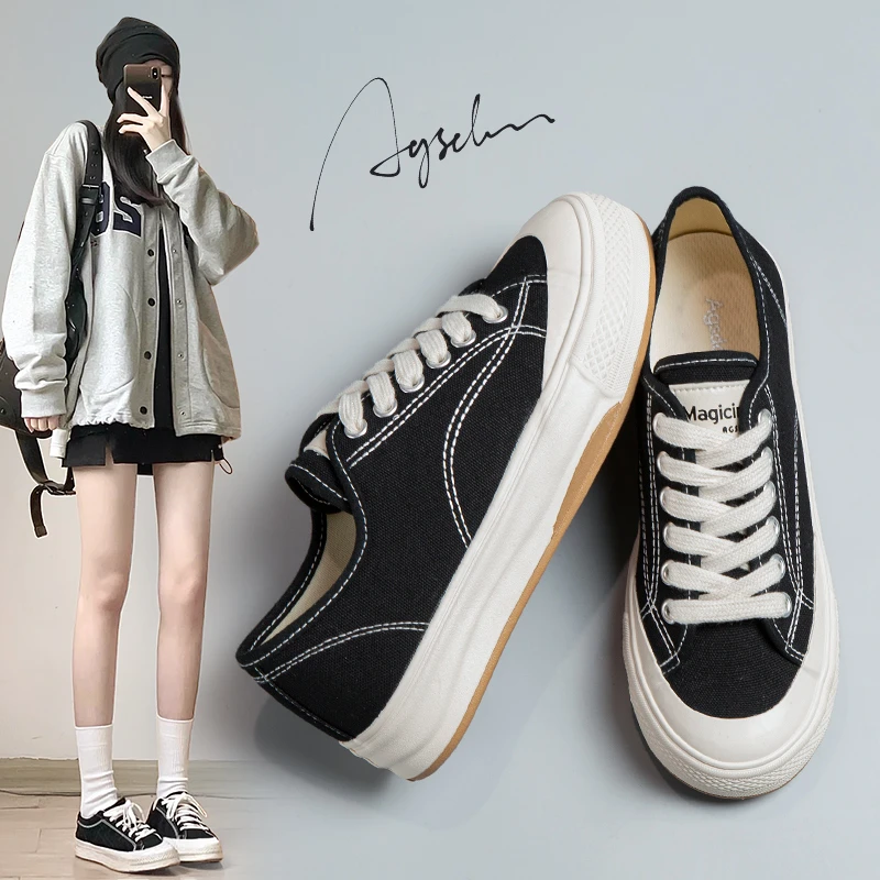 奥古狮登黑色厚底帆布鞋女2025新款春秋超火小众爆款百搭休闲板鞋