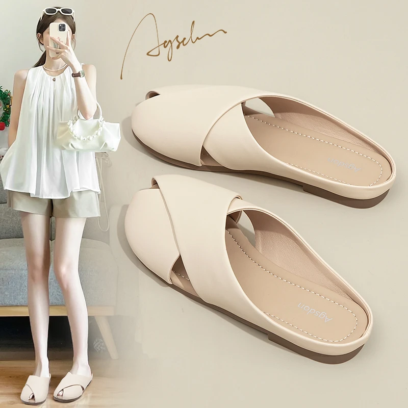 奥古狮登包头半拖鞋女2025新款春秋一脚蹬半拖女鞋外穿软底穆勒鞋