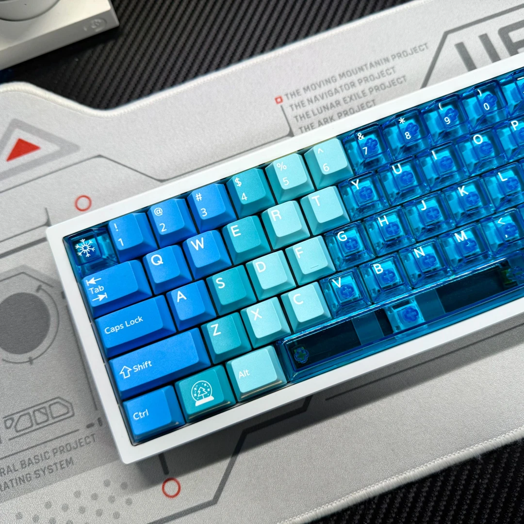 夏威夷雪山键帽PBT五面热升华+PC透明双拼蓝透适配机械键盘磁轴用