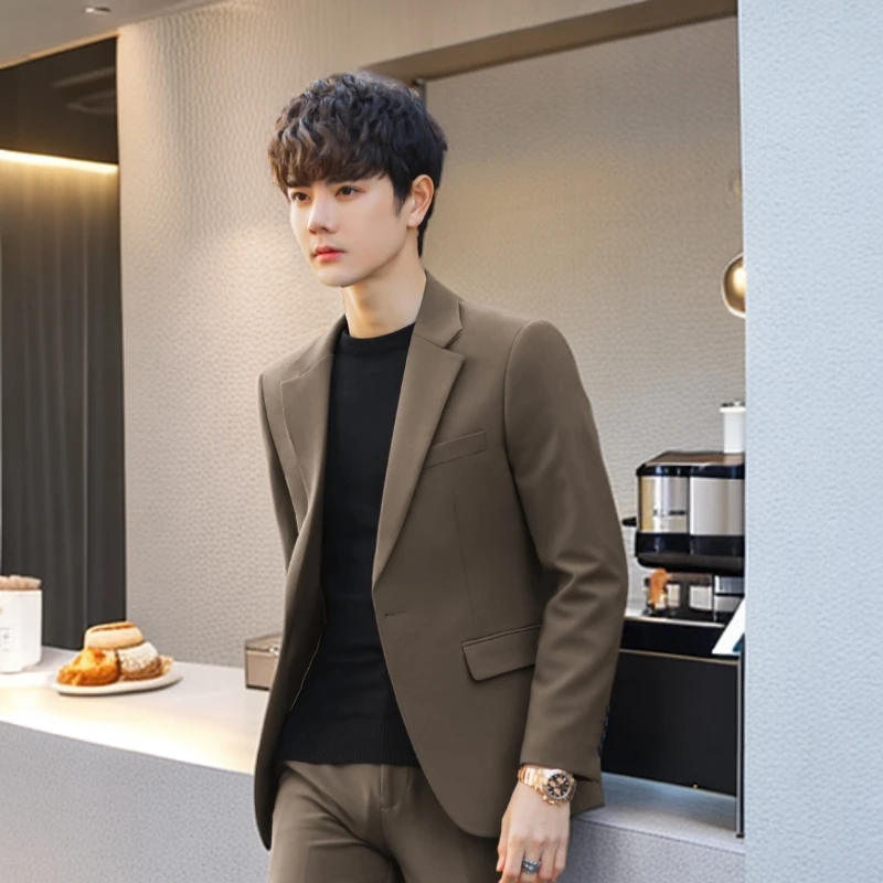 男士高端咖色西服套装春秋修身帅气休闲小西装外套男韩版潮流上衣