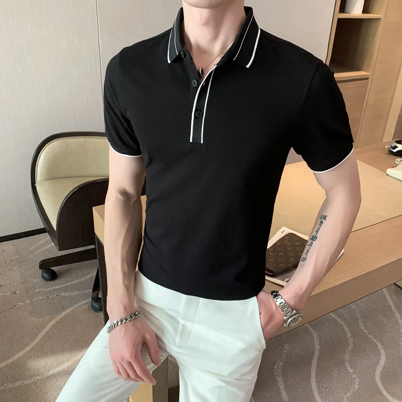 男士休闲痞帅翻领Polo衫夏季潮流百搭修身半袖时尚商务英伦t恤男