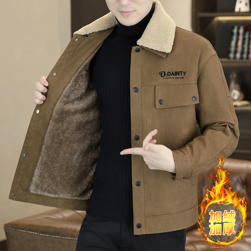 秋冬新款男士加绒夹克时尚潮流百搭休闲上衣韩版修身翻领加厚外套