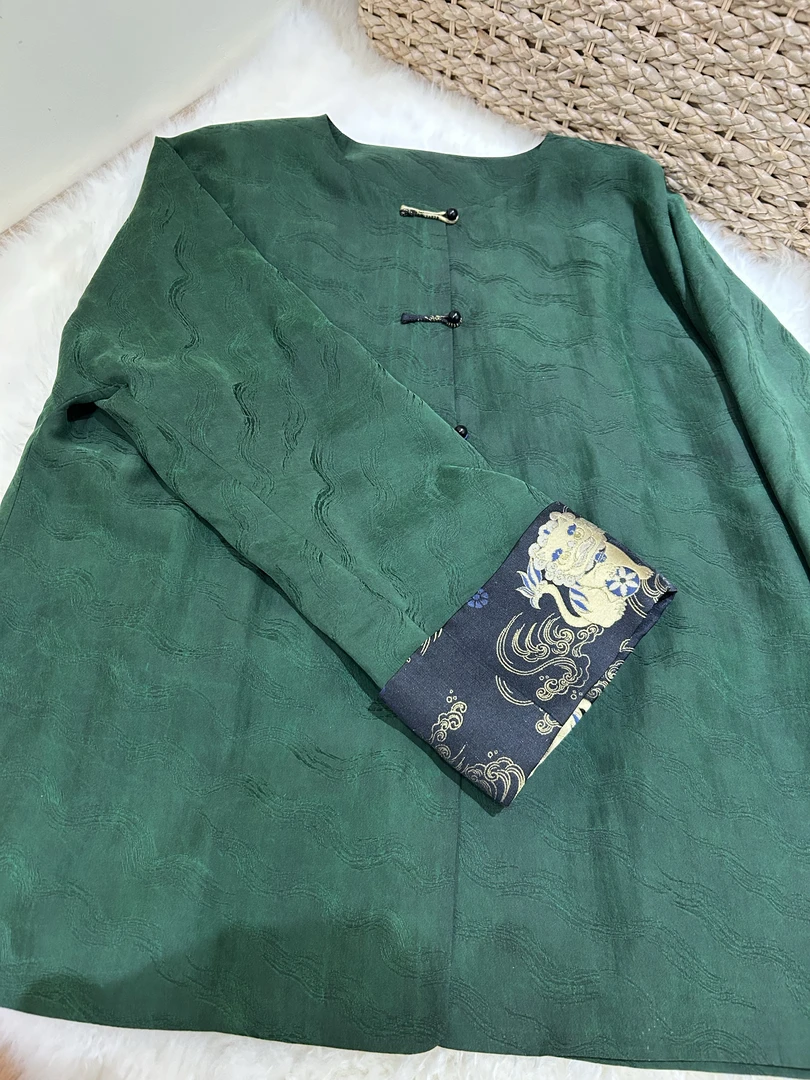 姑苏夫人国风桑蚕丝墨绿色新中式香云纱外套高端定制款上衣太太服
